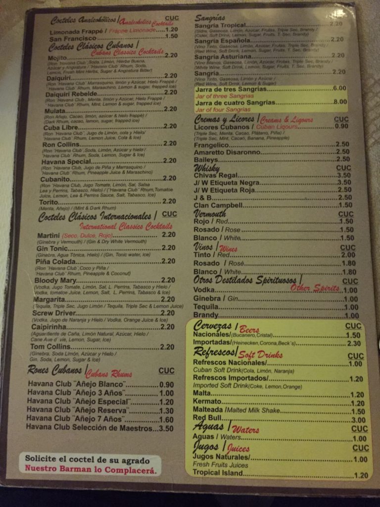 a menu with black and yellow text