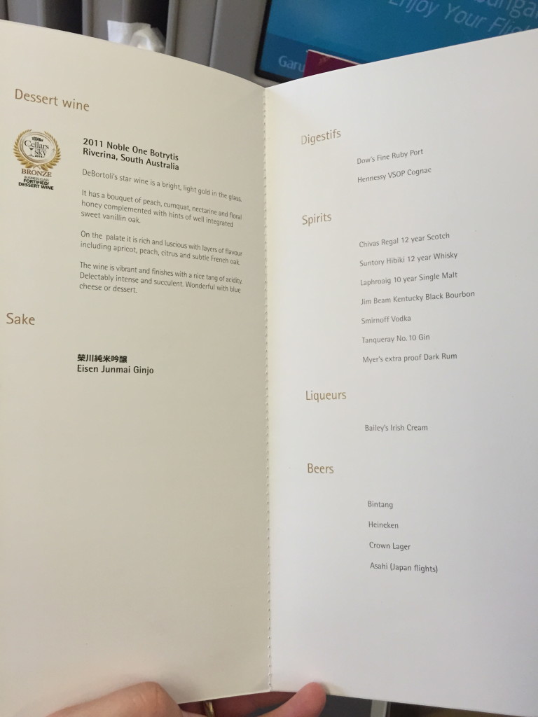 Garuda Indonesia Business Class Menu