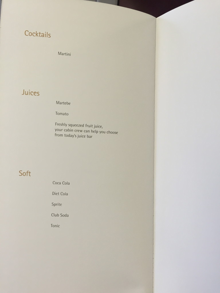 Garuda Indonesia Business Class Menu