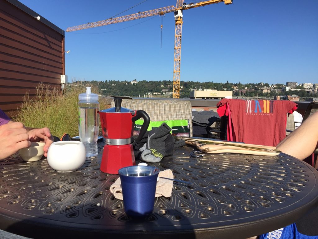 a table with a crane in the background