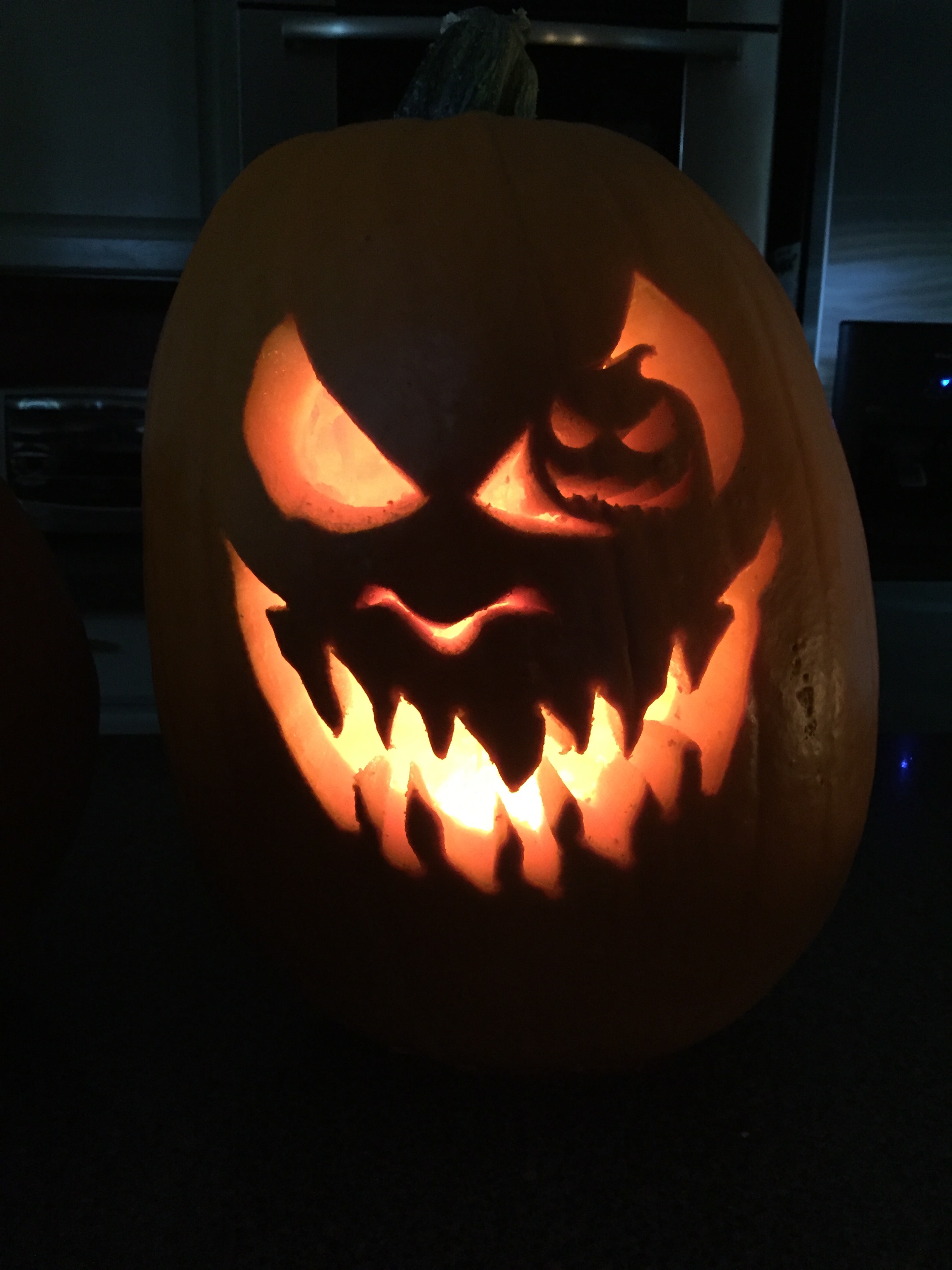 a carved pumpkin with a face