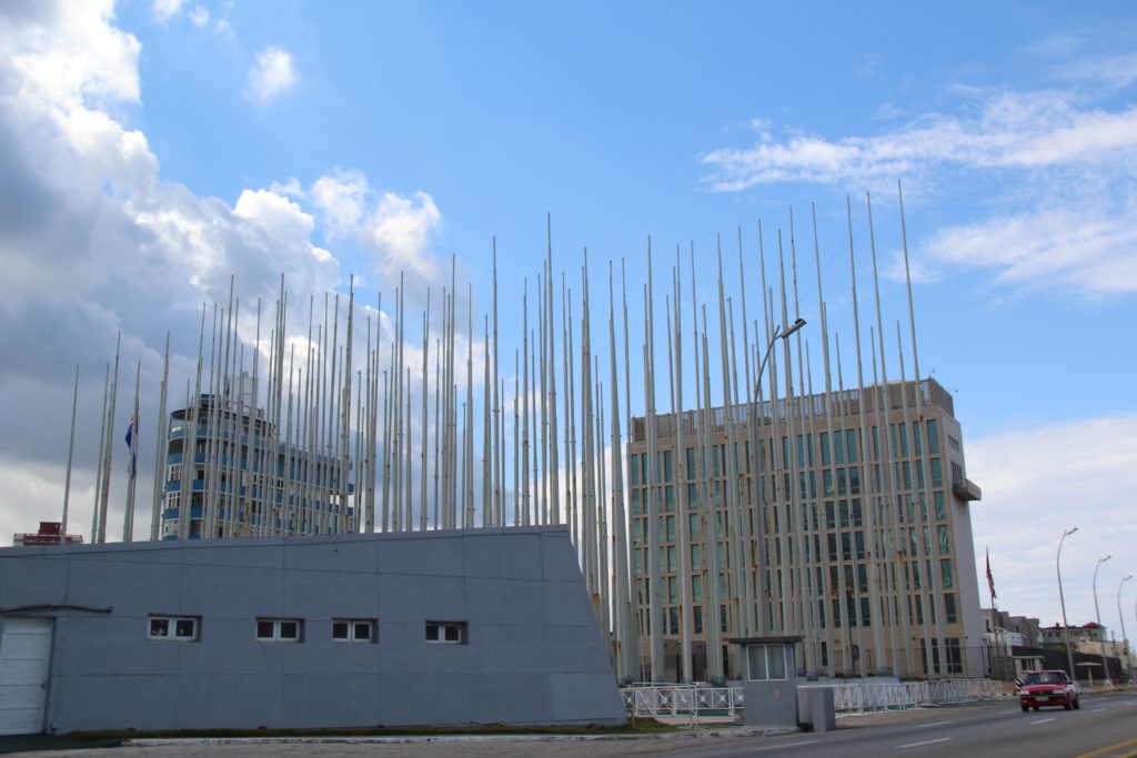 a building with many tall poles