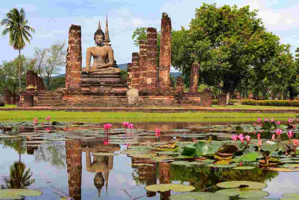 a statue of a buddha in front of a pond with water lilies