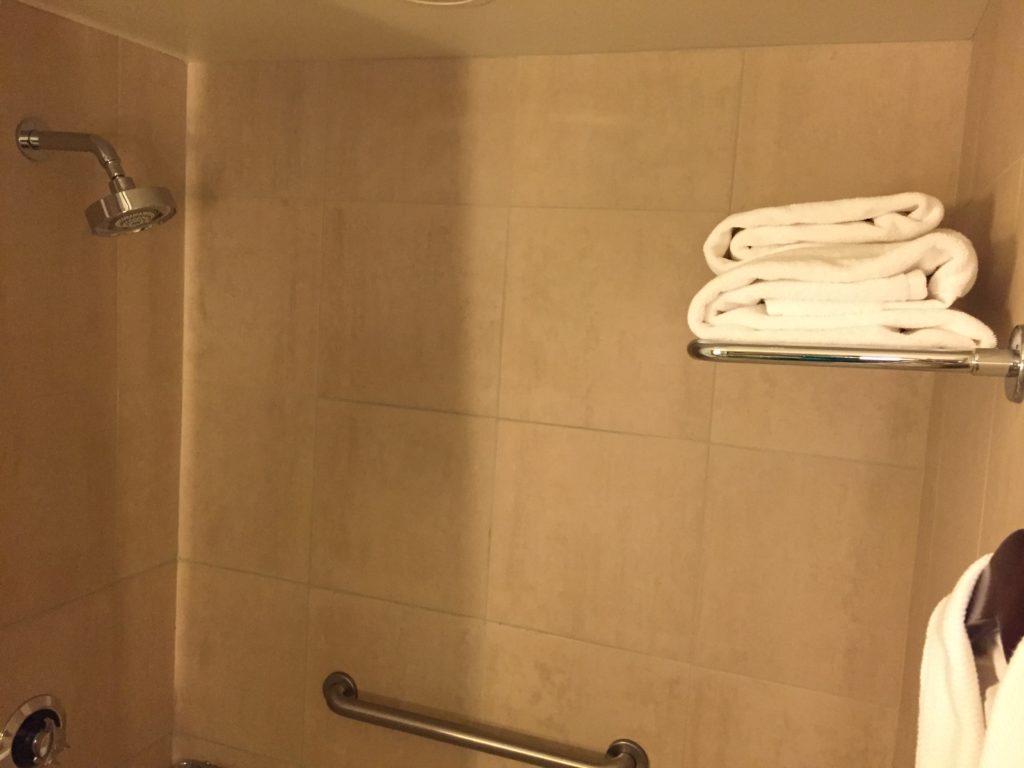 a shower with a towel rack and shower head