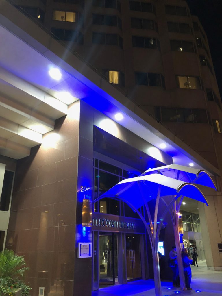 a building with blue lights