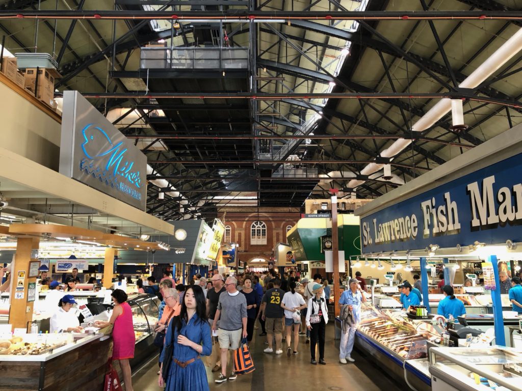 a group of people in a market