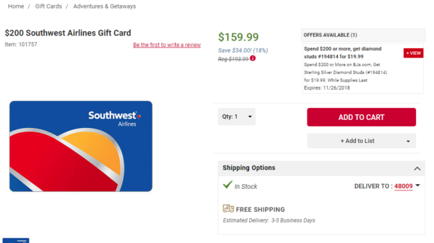 southwest airlines giftcard