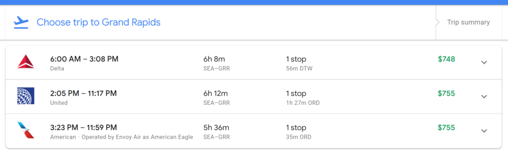 Flights SEA to GRR, Google Flights