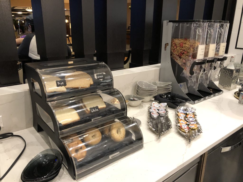 a display of bread and snacks on a counter