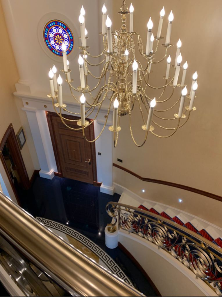 a chandelier in a building