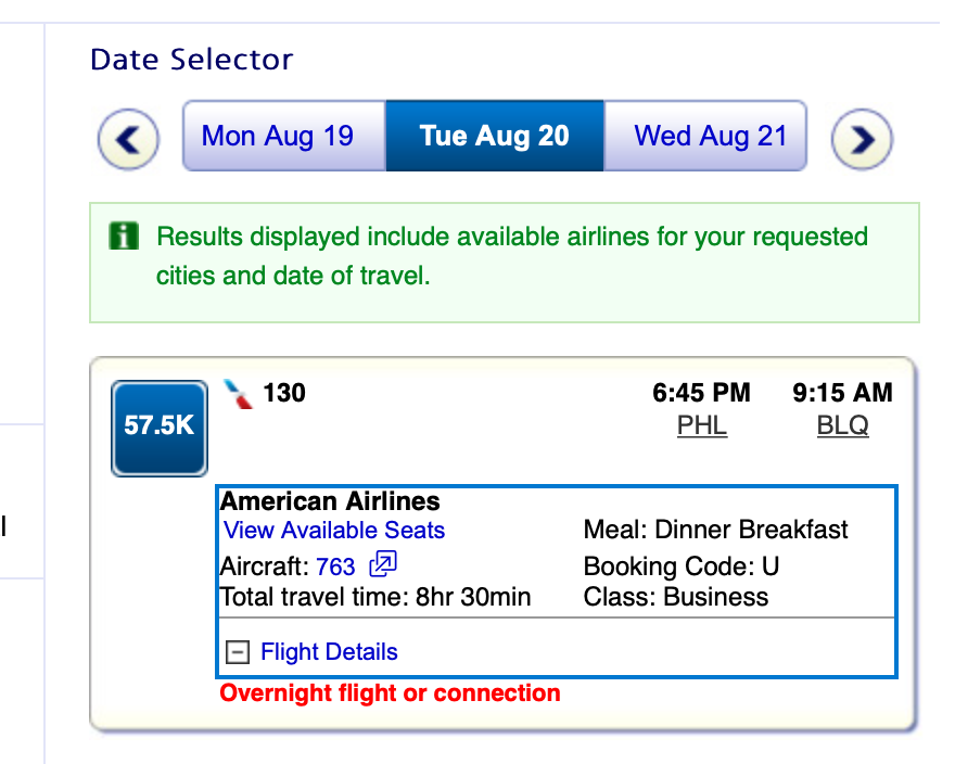 a screenshot of a flight selection