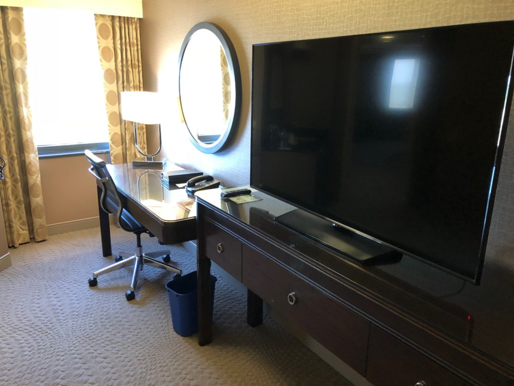 a desk and a television in a room