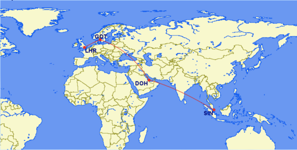 a map of the world with a route