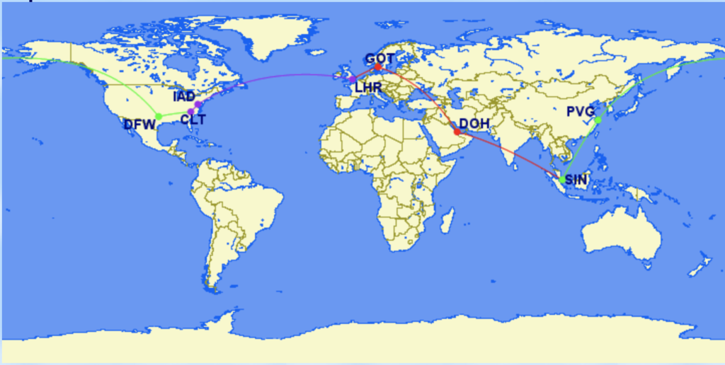 a map of the world with red lines