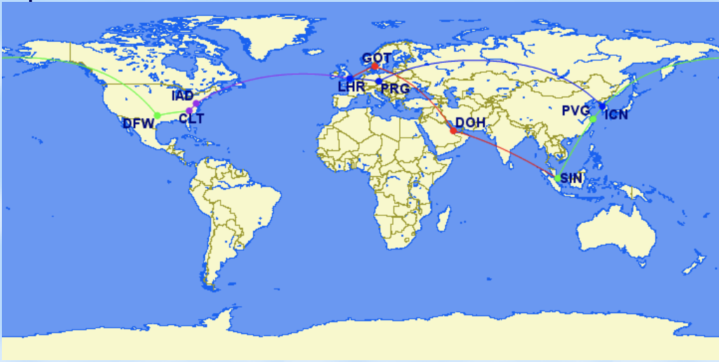 a map of the world with red lines