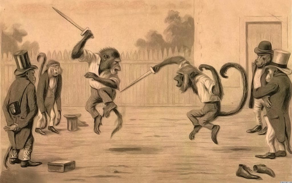 a drawing of monkeys fighting with swords