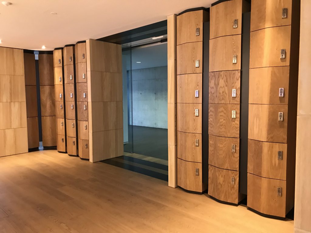 a room with wooden lockers