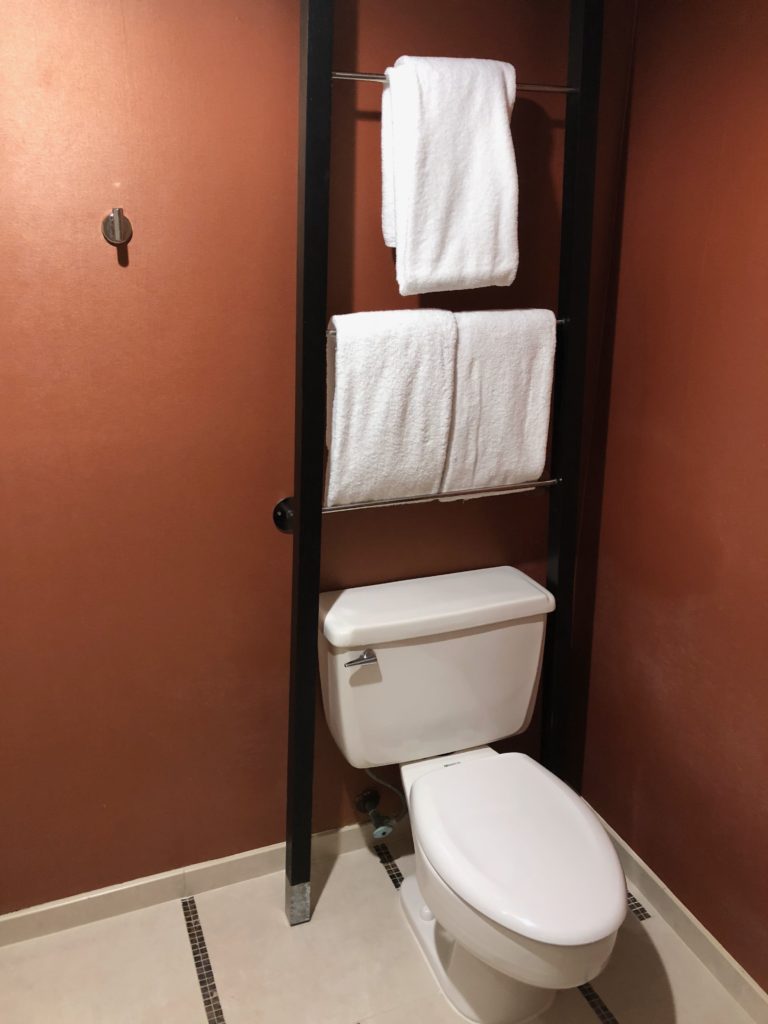 a toilet and towels on a rack