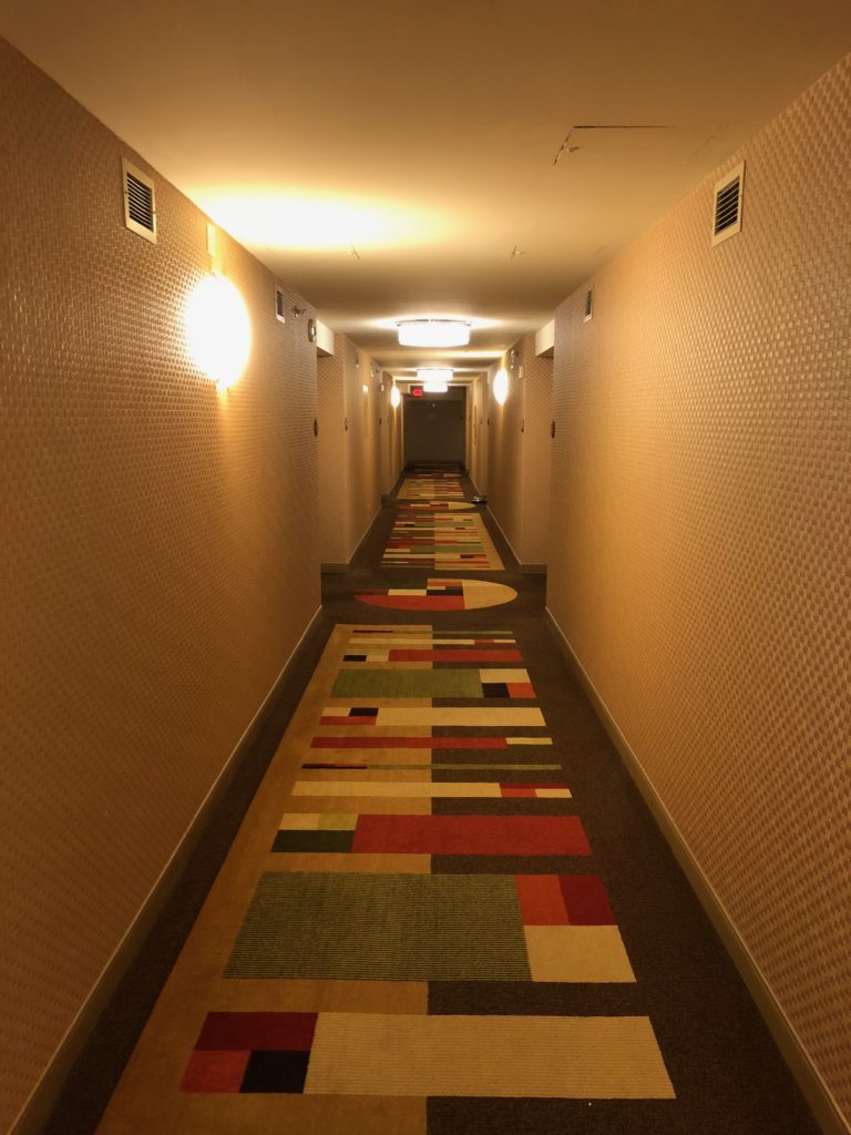 a hallway with colorful carpet