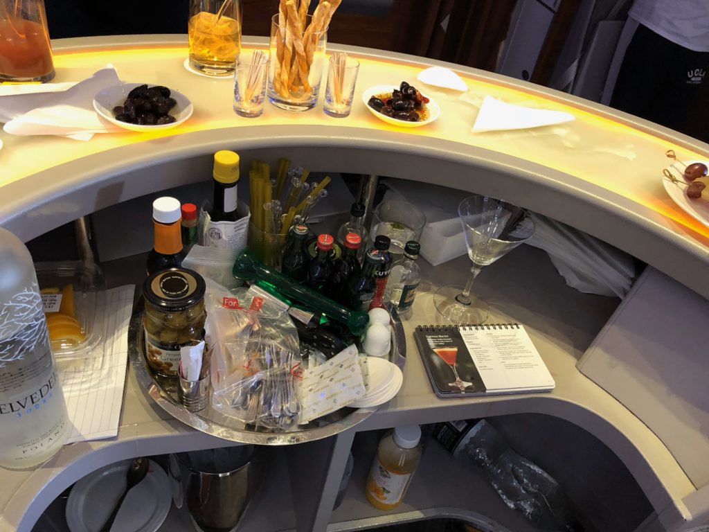 a counter with a tray of food and drinks