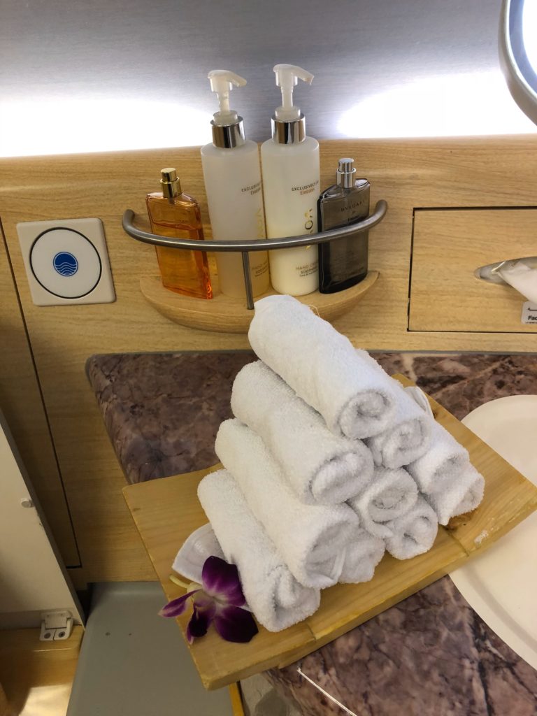 a stack of towels on a tray
