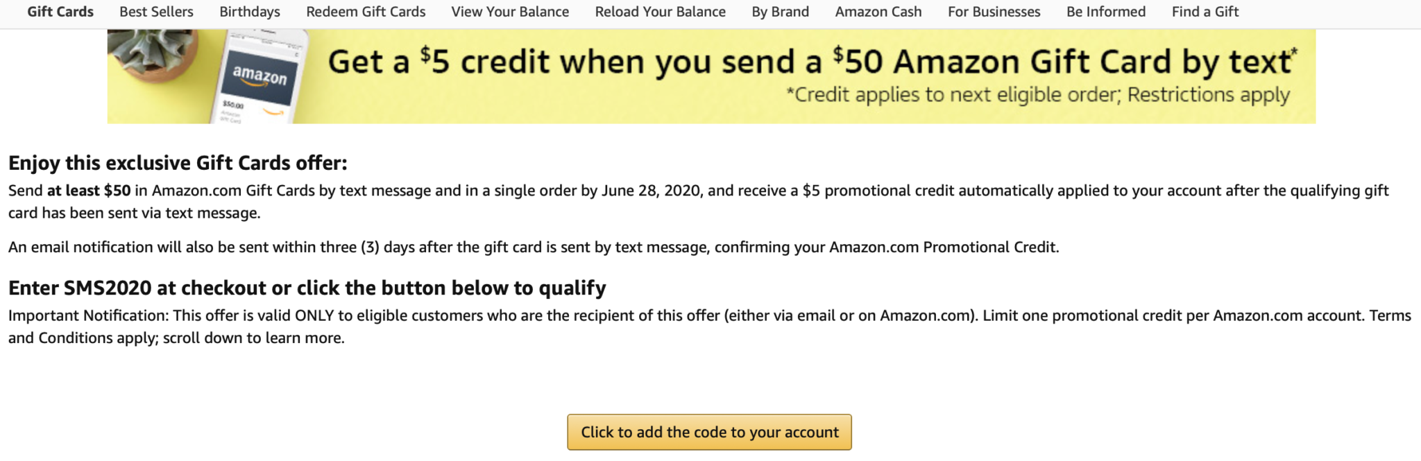 Amazon $5 credit when you text a $50 gift card (Targeted)  No Mas Coach!