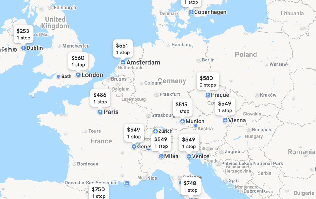 a map of europe with price tags