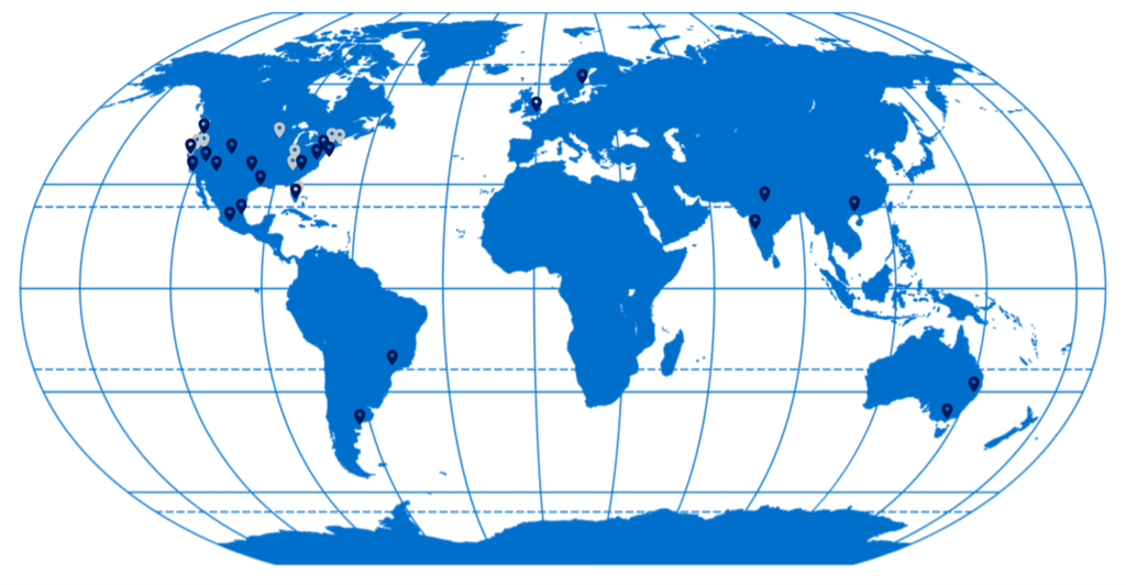 a map of the world with blue pins