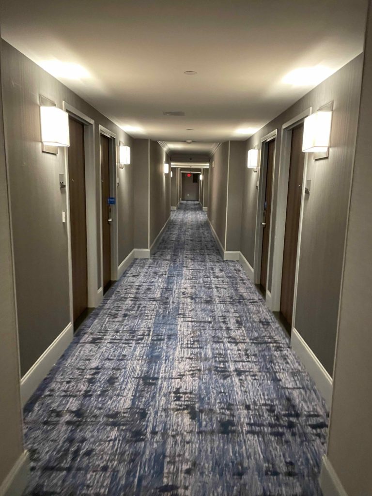 a hallway with many doors and a carpet